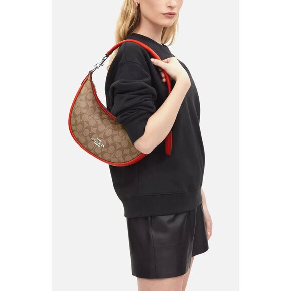 New Coach CR283 Aria Shoulder bag Logo Signature Khaki / Miami Red - Picture 2 of 7